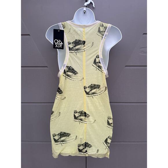 Chaser Yellow Tennis Shoes Sneakers Print Burnt Out Tank Top Small NEW W/ TAGS - Picture 3 of 7